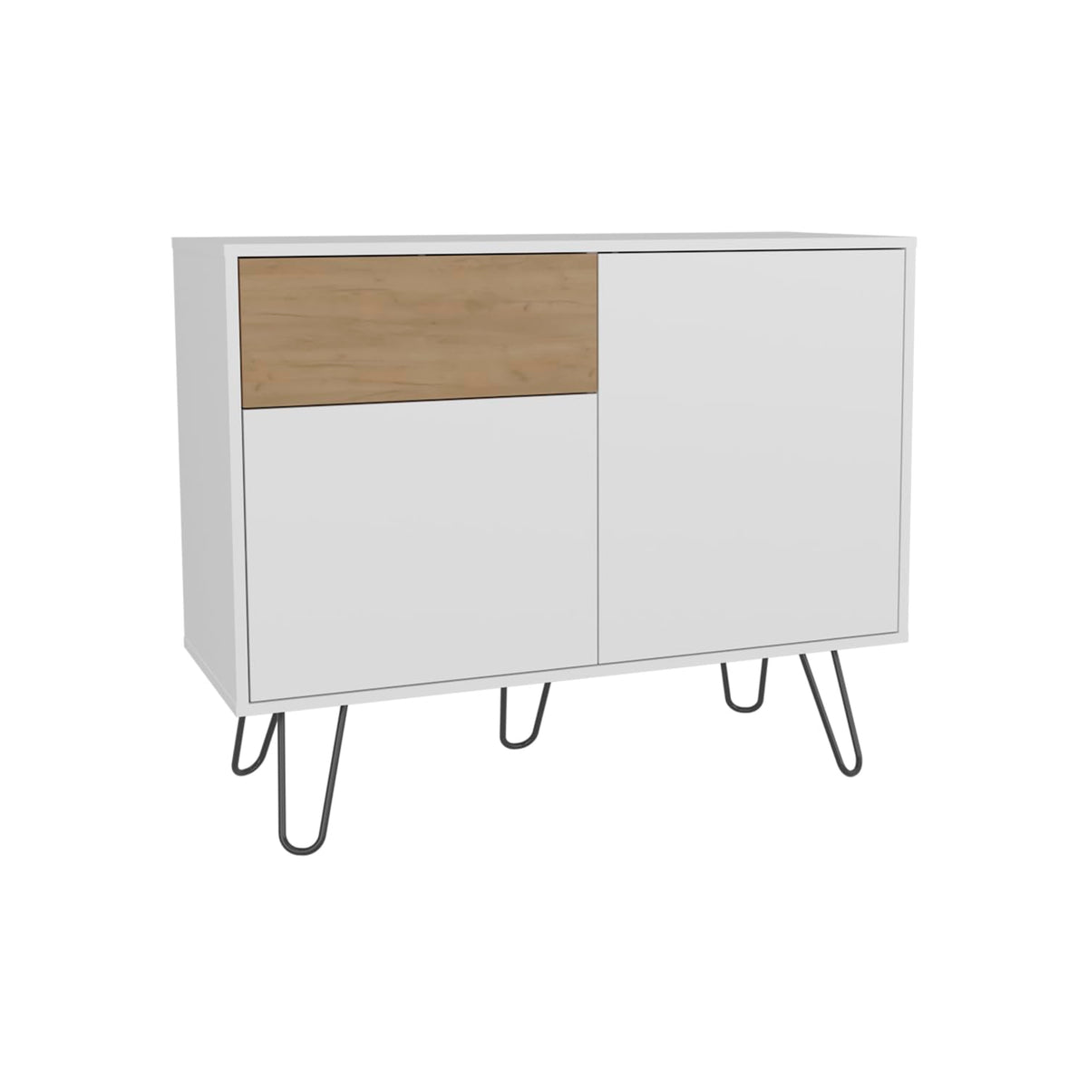 39" Wide White & Oak Console Table with 2 Cabinets, Drawer & Shelves A9796