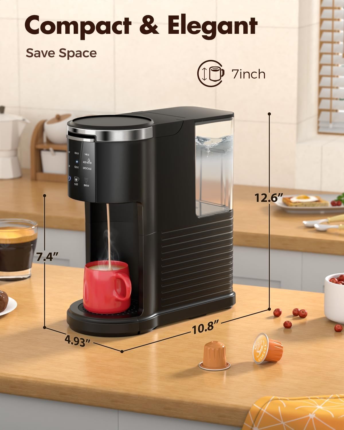 Single Serve 2 in 1 Pod Coffee Maker, 6 to 14oz, Black Q74131