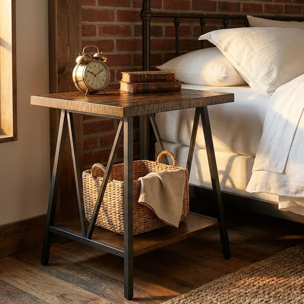 Mid Century Modern End Table with Storage, 2-Tier Open Shelves, Cherry Walnut K78687