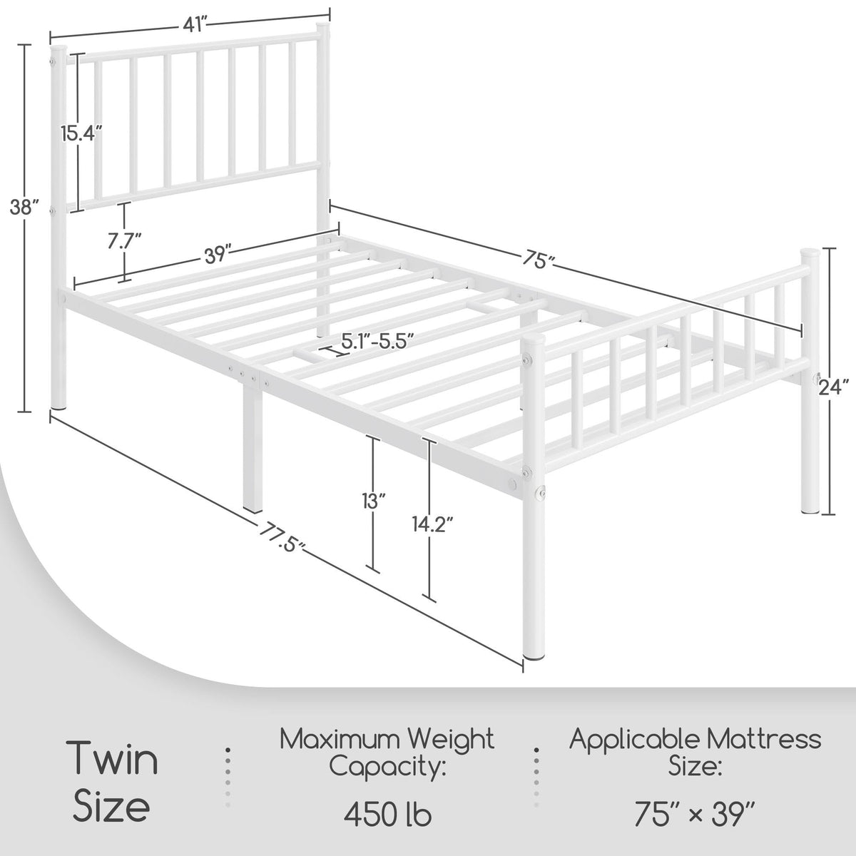 Twin Size White Metal Platform Bed Frame with Spindle Headboard N44388