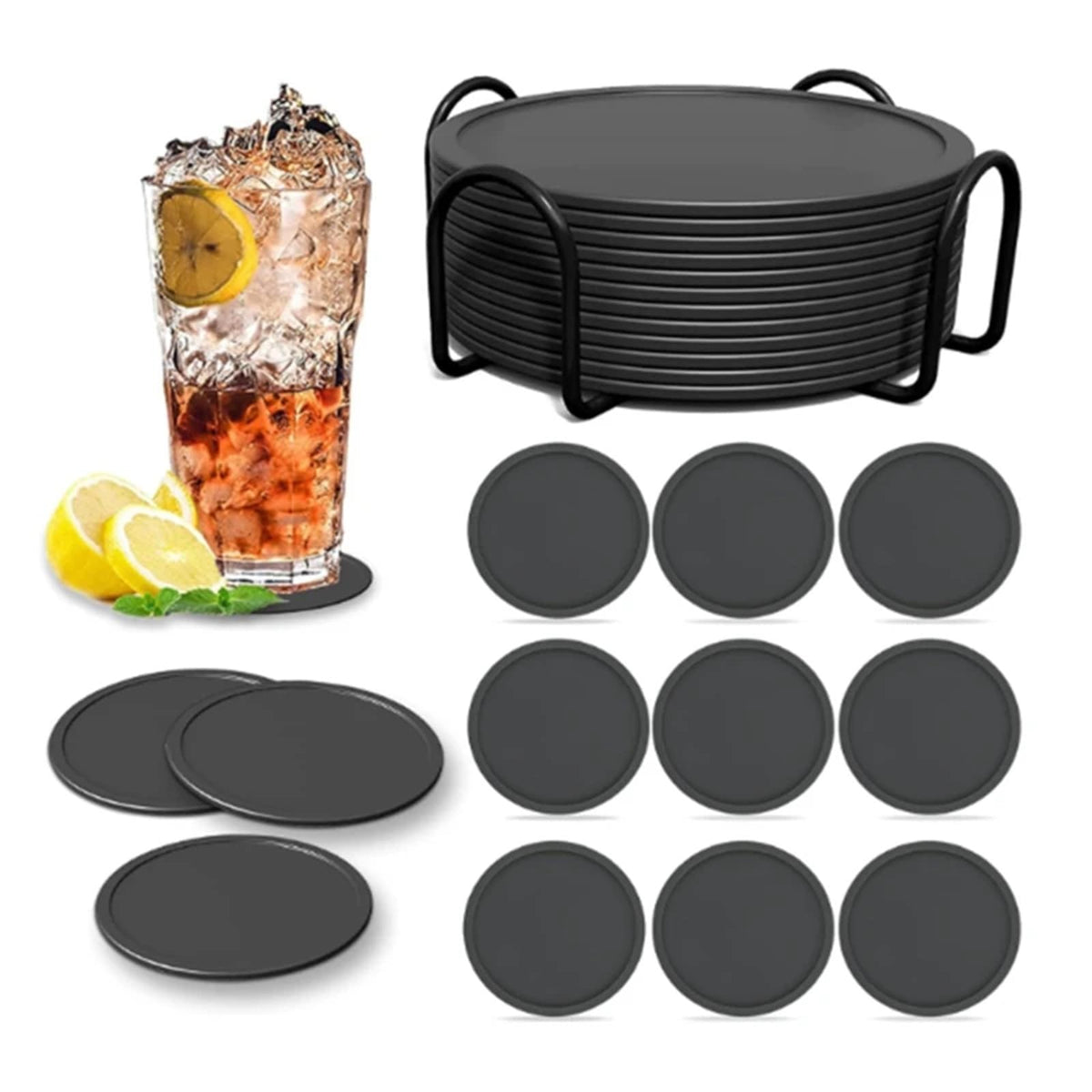 36pcs Set Circular Silicone Coasters Black U575
