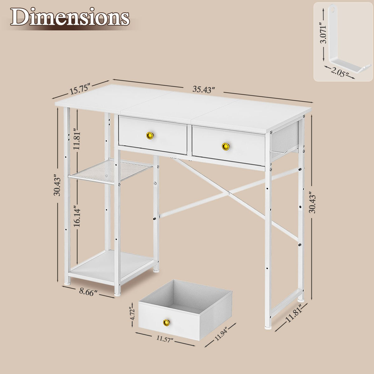 White 36 Inch Computer Desk with Drawers and Storage Shelves V4212