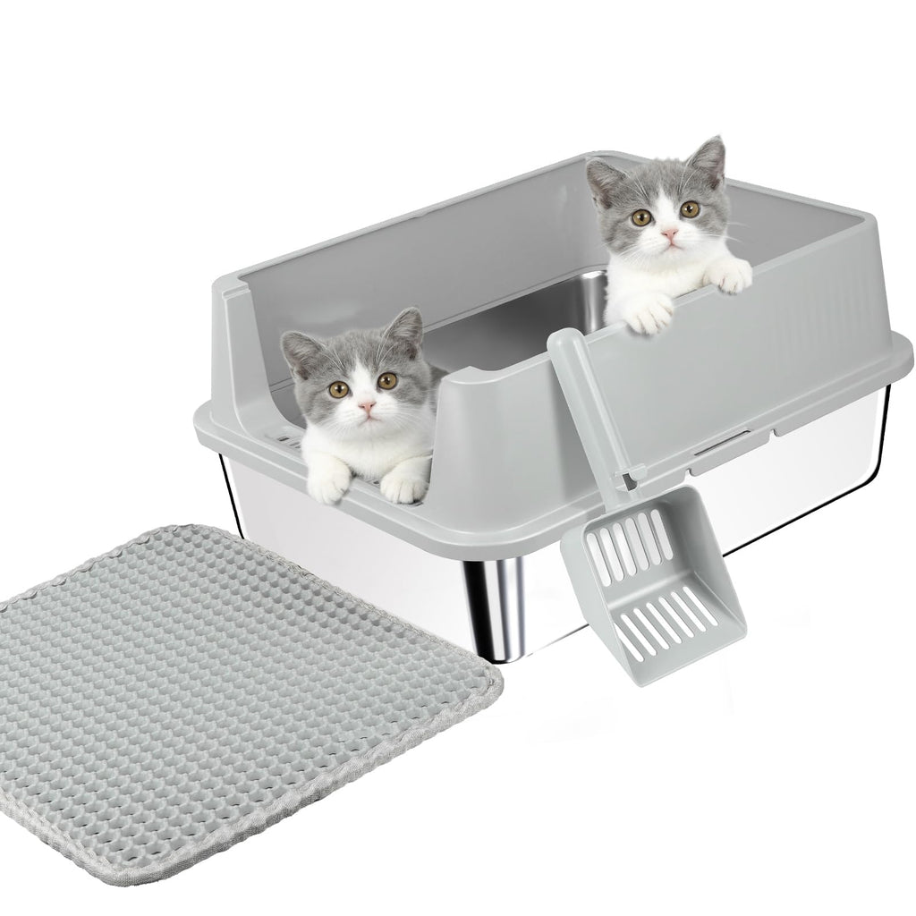 Stainless Steel Cat Litter Box with High Sides, Litter Mat, Scoop X2130