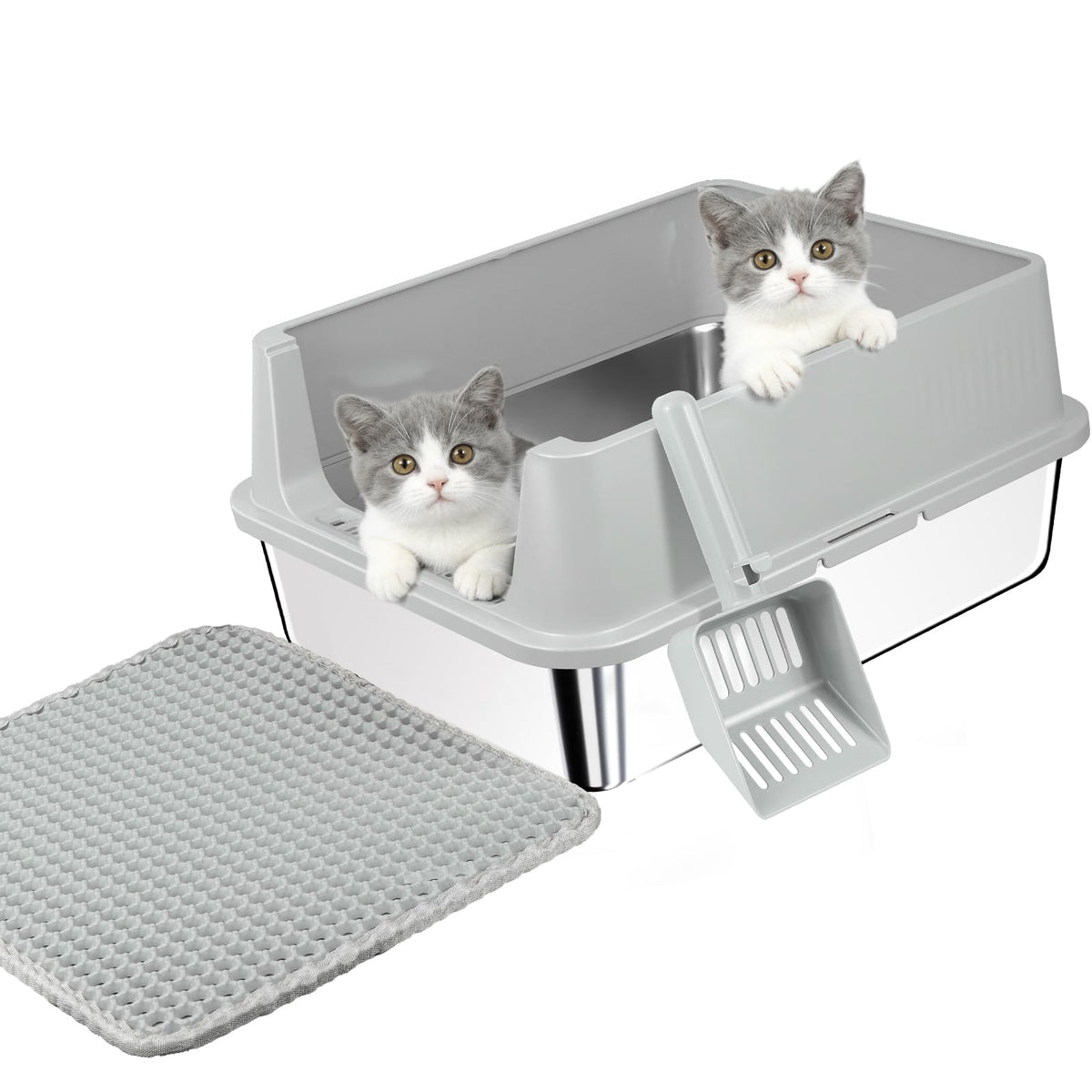 Stainless Steel Cat Litter Box with High Sides, Litter Mat, Scoop X2130