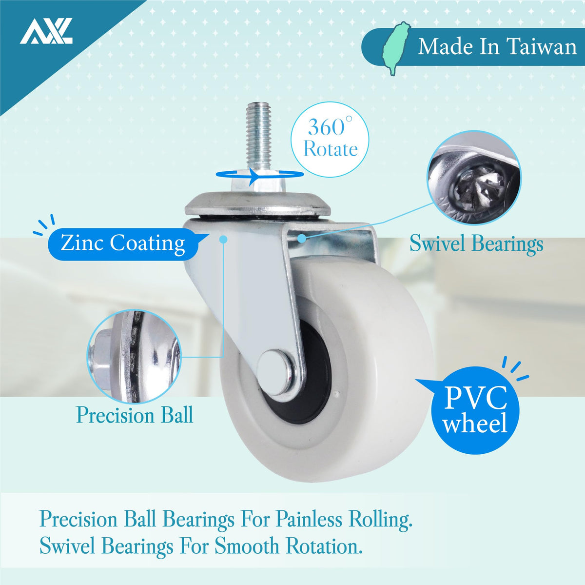 2 Inch PVC Threaded Stem Caster Wheels, Set of 4 F316