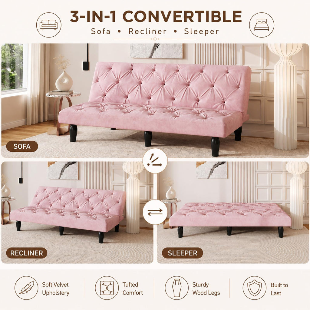 Pink Velvet Futon Sofa Bed E8749