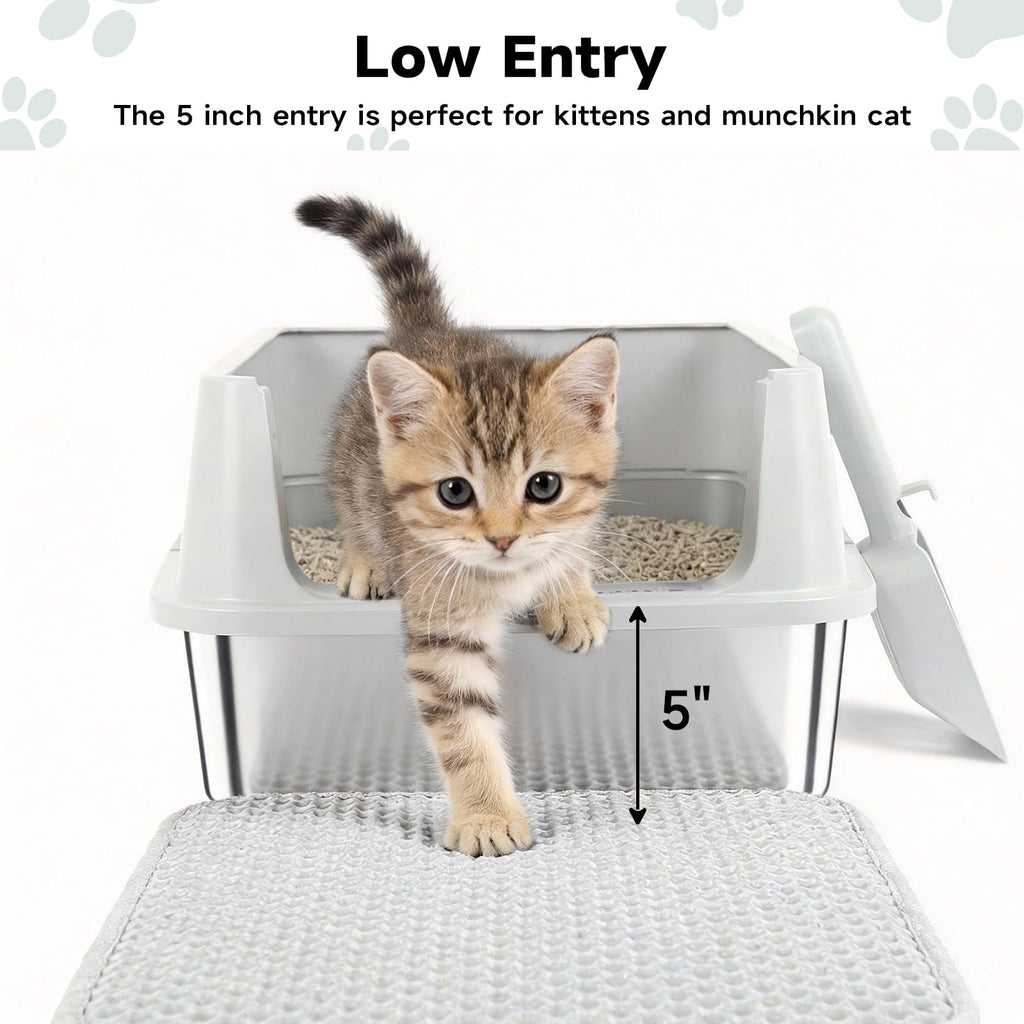 Stainless Steel Cat Litter Box with High Sides, Litter Mat, Scoop X2130