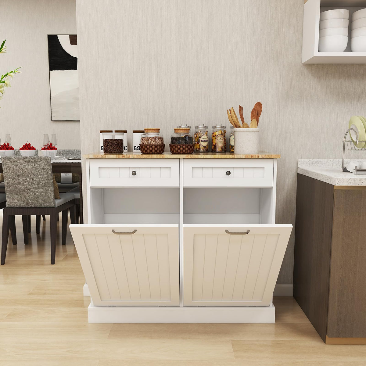 White Double Tilt Out Trash Cabinet with 2 Drawers Y672