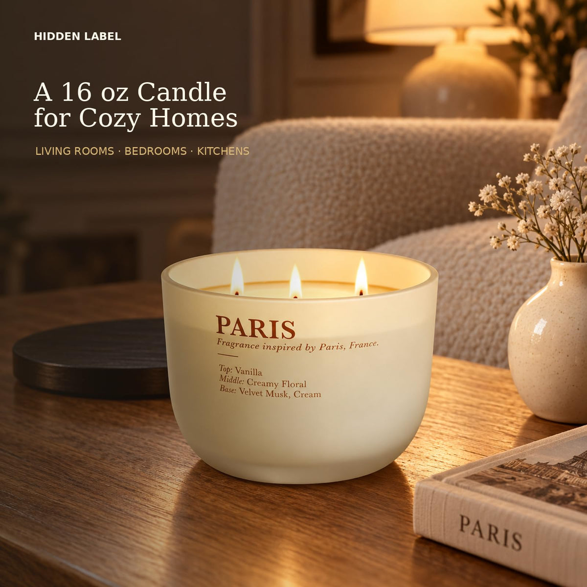 Vanilla Cream Scented Candle, 16 oz, 3-Wick Soy Wax H83302