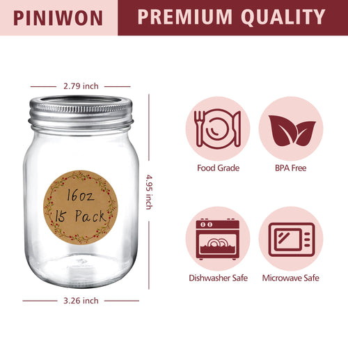 16 oz Mason Jars with Lids and Bands, 15 Pack Q582449