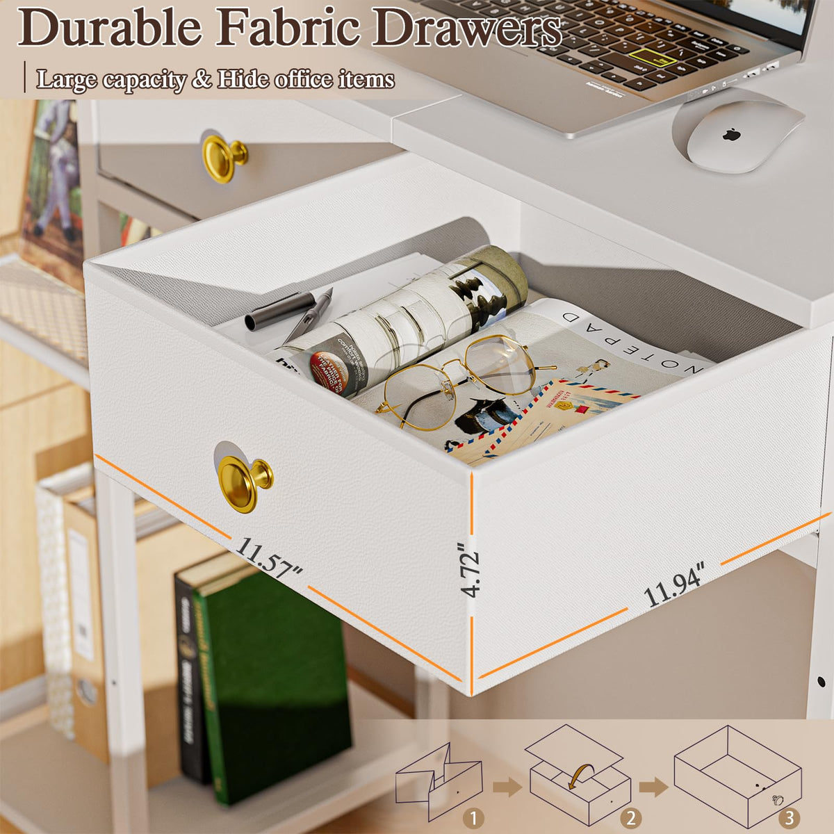 White 36 Inch Computer Desk with Drawers and Storage Shelves V4212