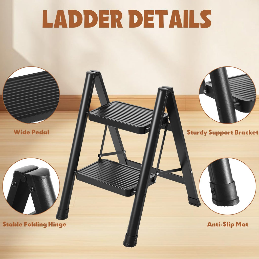 2 Step Carbon Steel Ladder with Anti-Slip Wide Pedal J733