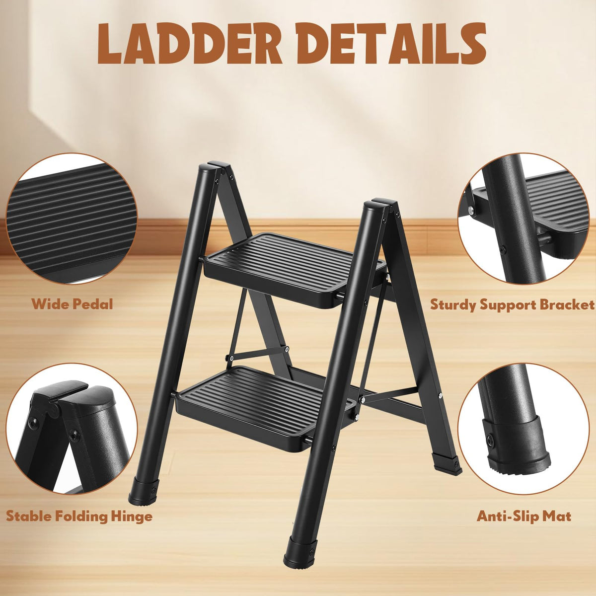 2 Step Carbon Steel Ladder with Anti-Slip Wide Pedal J733