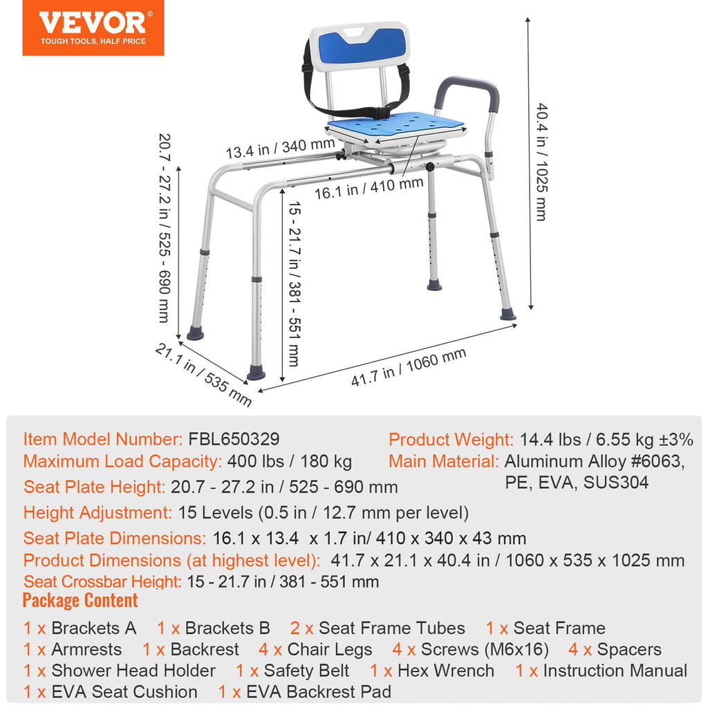 Sliding Tub Transfer Bench with 360 Degree Swivel Seat J115