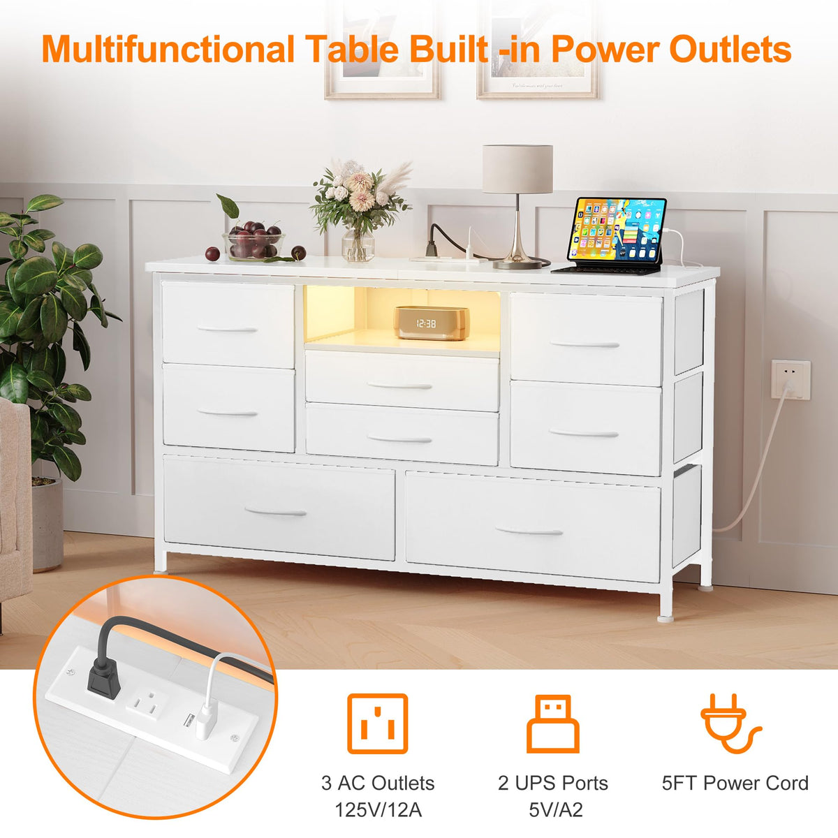 8 Drawer LED TV Stand Dresser with Charging Station L609