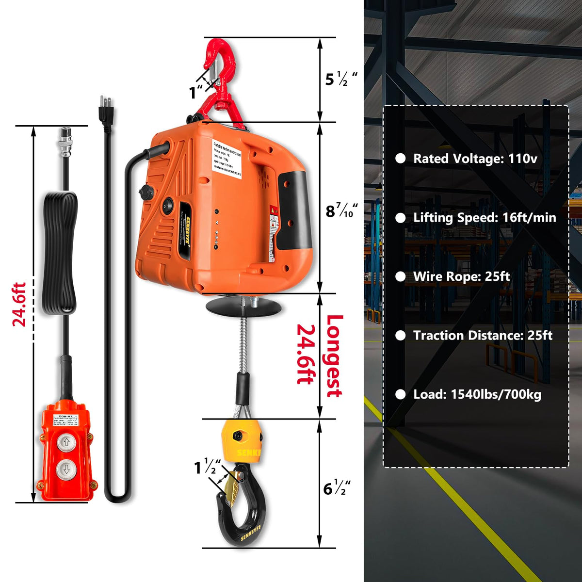 Electric Portable Hoist Winch 1500LBS 110V 25 FT with Lifting Strap J4784