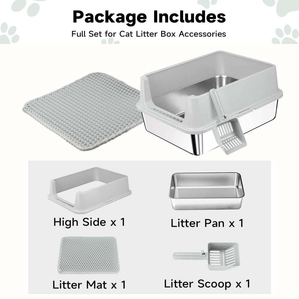 Stainless Steel Cat Litter Box with High Sides, Litter Mat, Scoop X2130