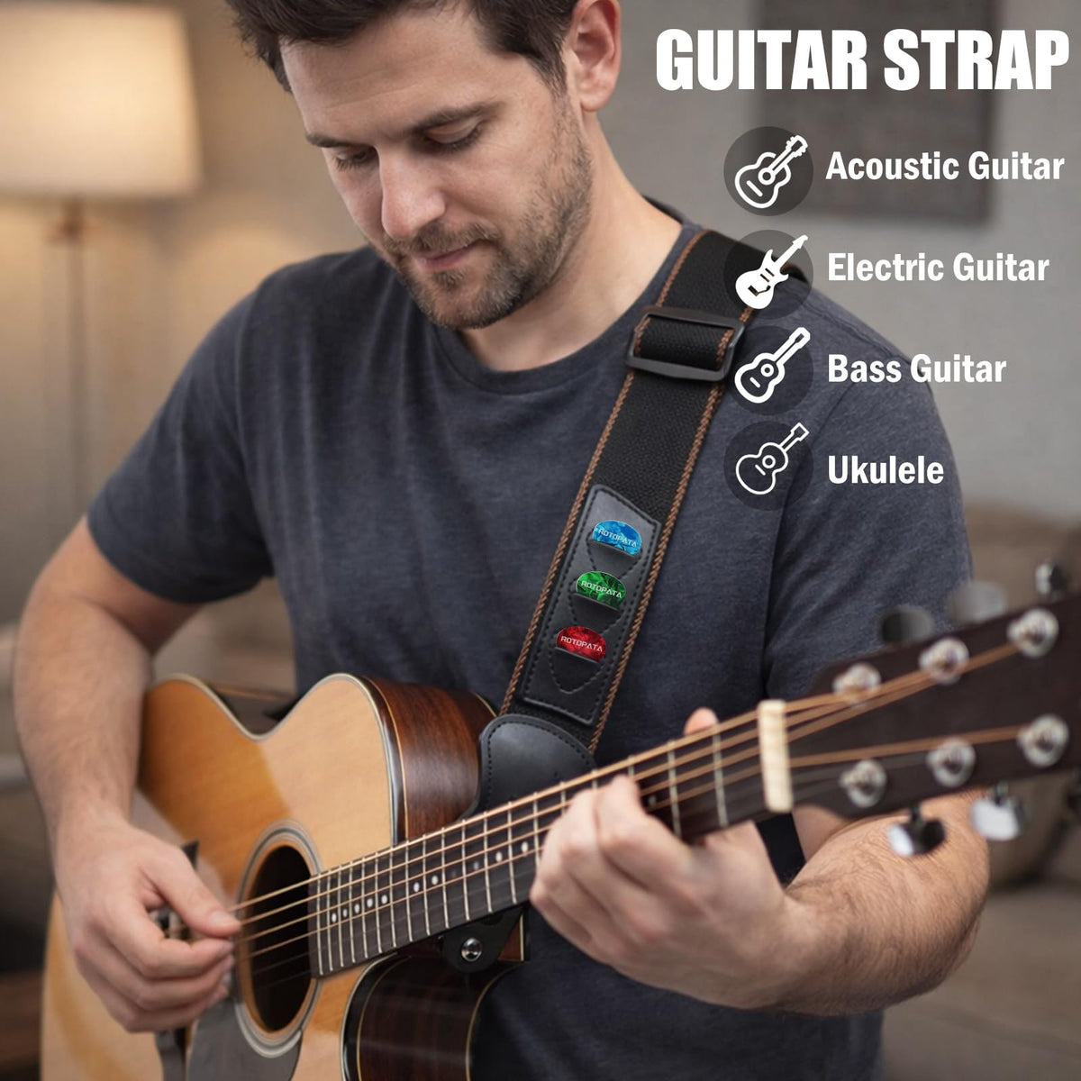 Black Adjustable Guitar Strap Kit with Locks and Picks Z932065