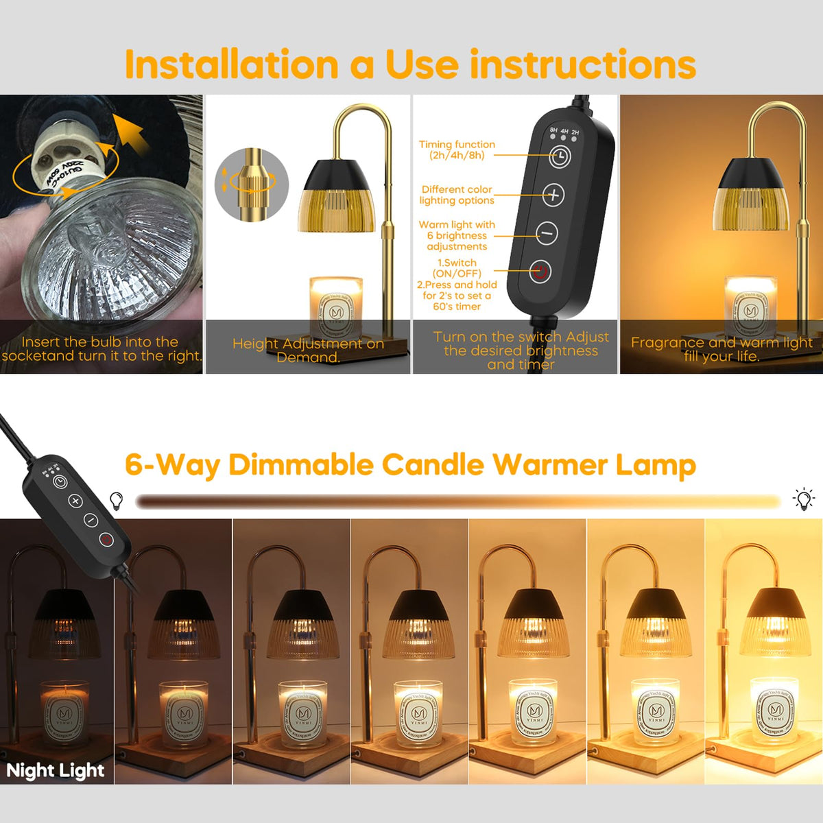 Candle Warmer Lamp with Timer Auto Off, Dimmable Height Adjustable Wax Melting Lamp E381
