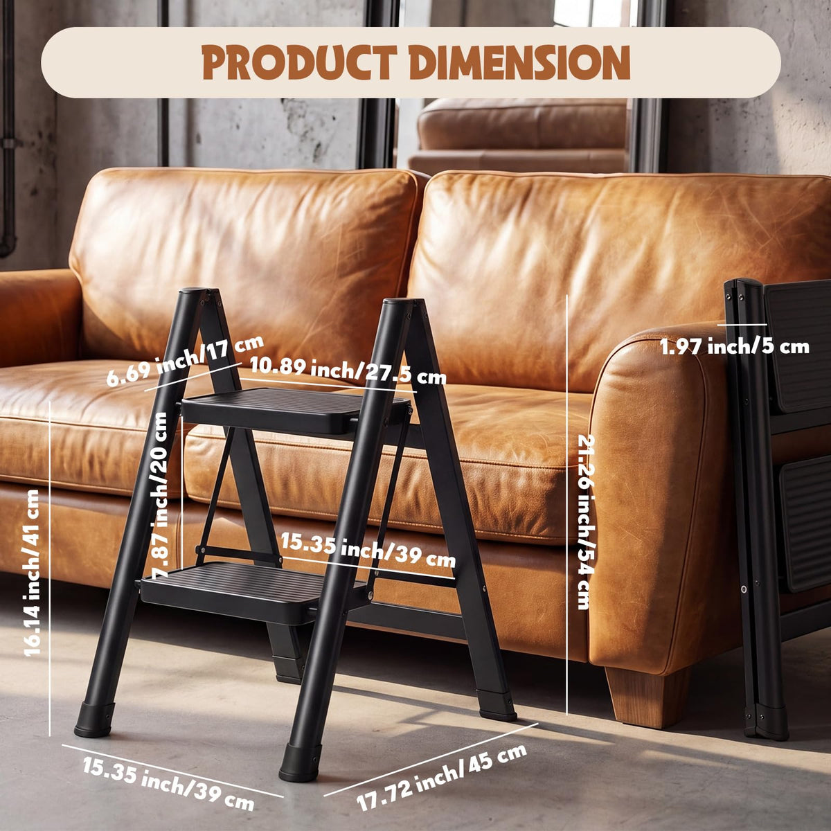2 Step Carbon Steel Ladder with Anti-Slip Wide Pedal J733