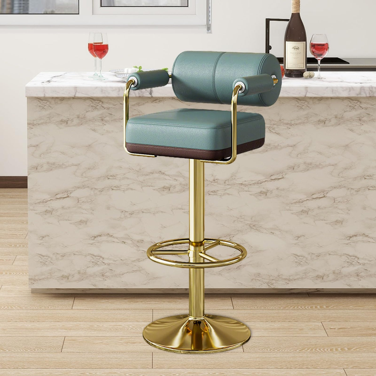Set of 2 Green Adjustable PU Leather Bar Stools S381