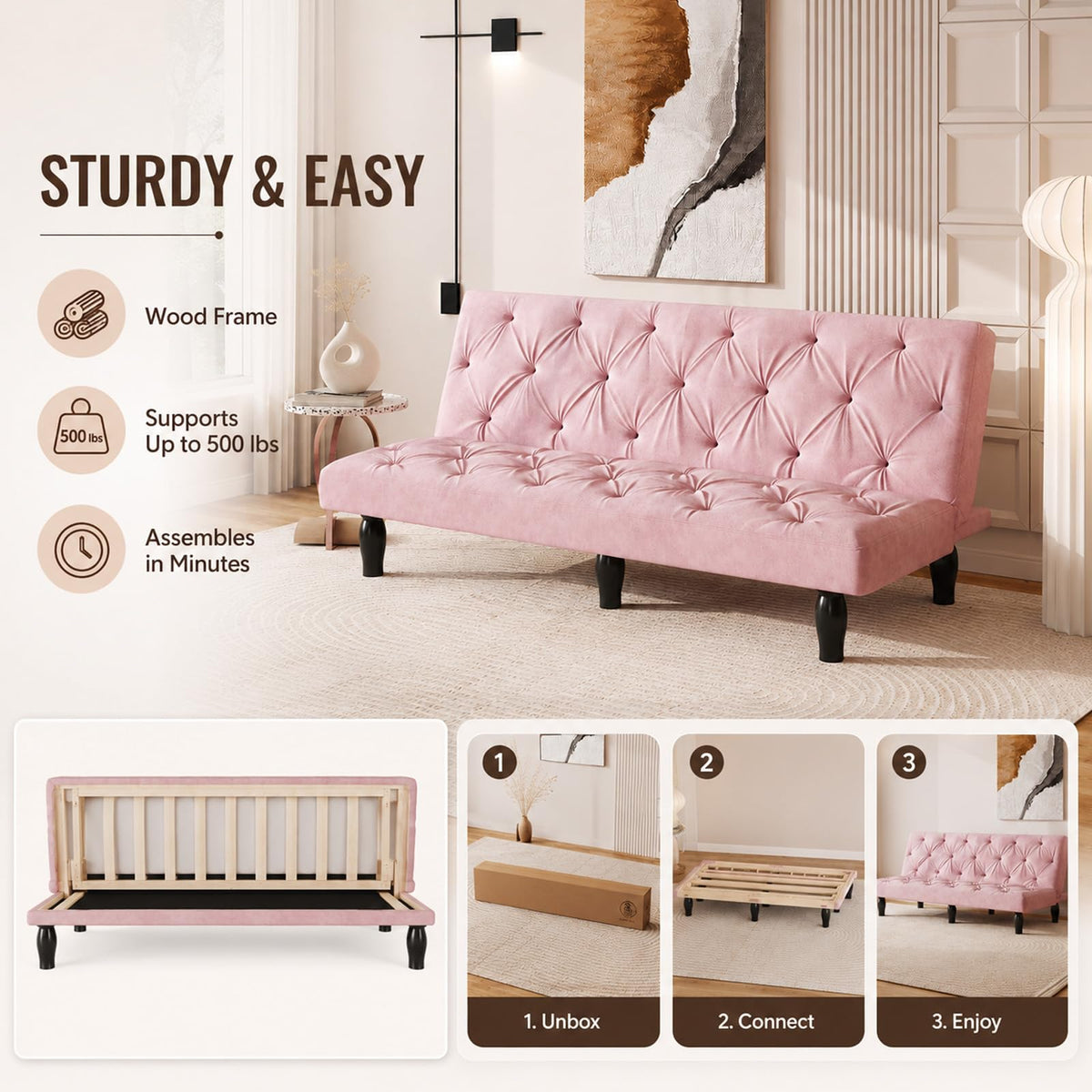 Pink Velvet Futon Sofa Bed E8749