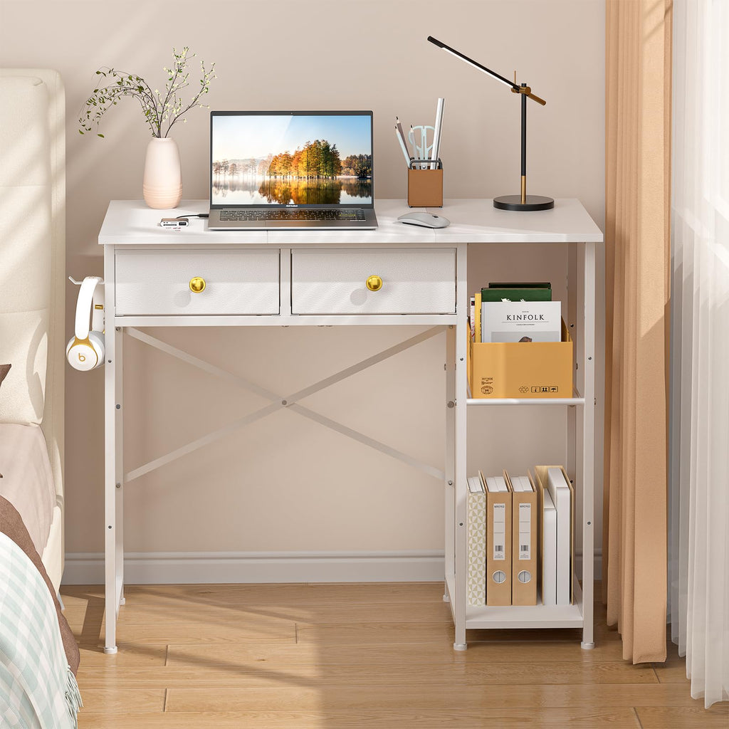 White 36 Inch Computer Desk with Drawers and Storage Shelves V4212