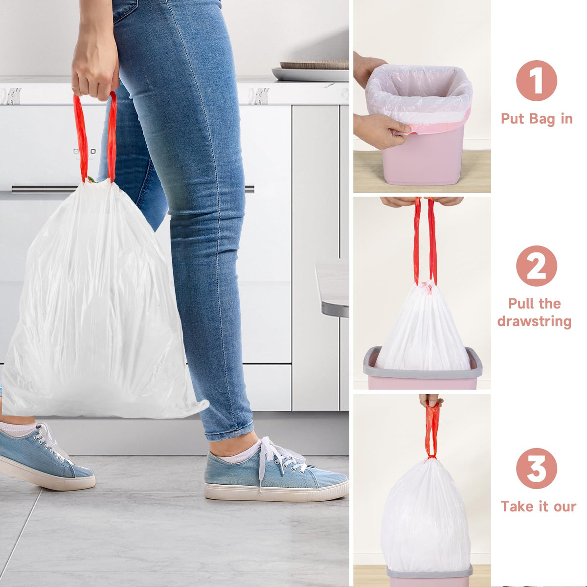 2 Gallon White Drawstring Trash Bags 60 Count N8051