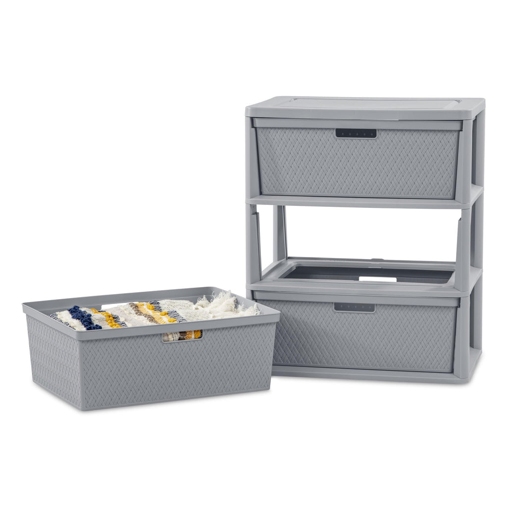 Wide 3-Drawer Plastic Storage Tower with Removable Bins, Gray B9369