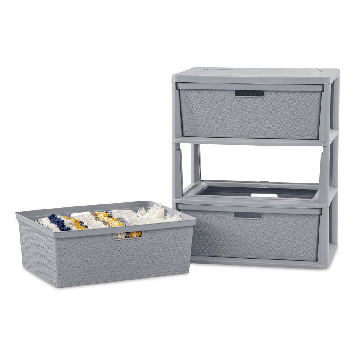 Wide 3-Drawer Plastic Storage Tower with Removable Bins, Gray B9369