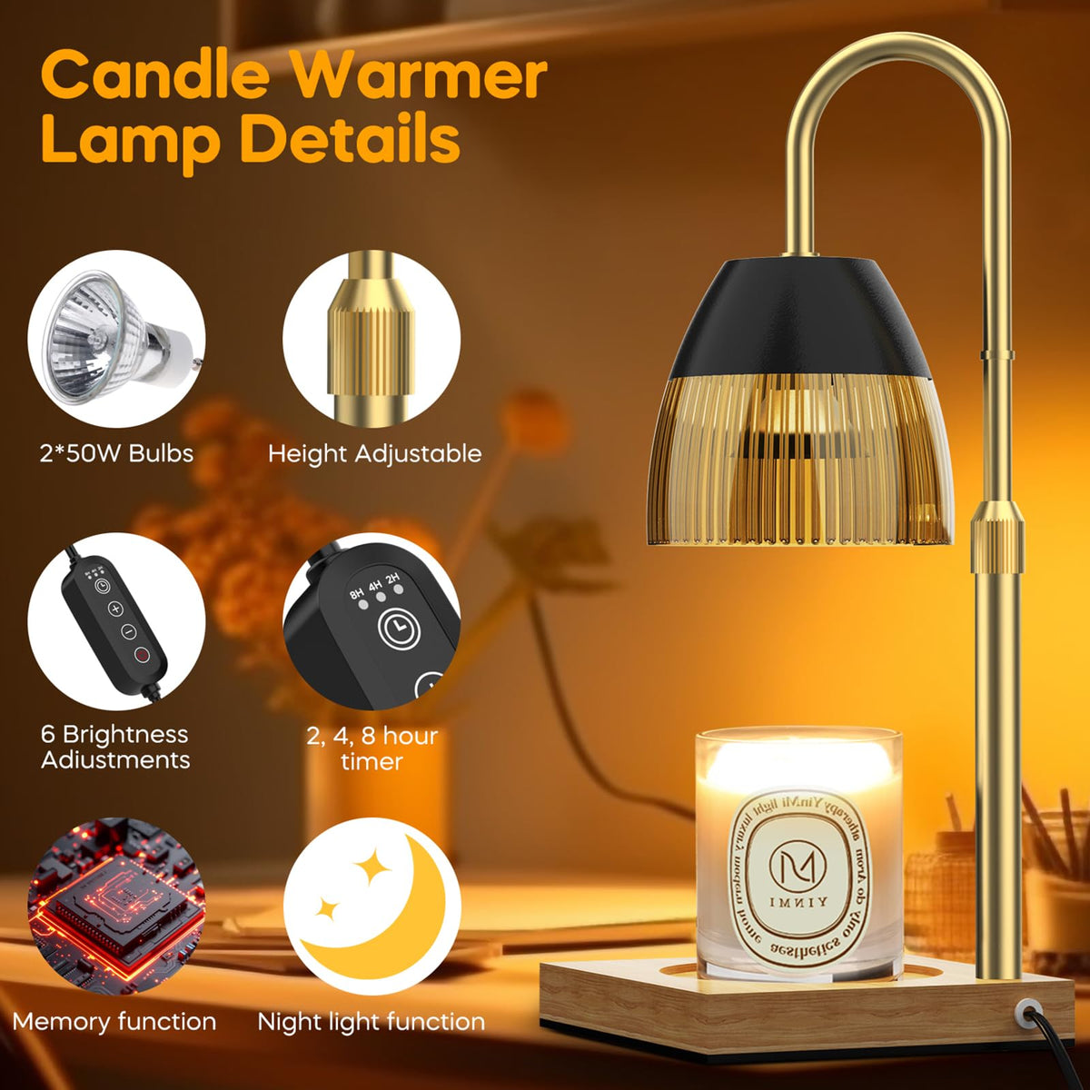 Candle Warmer Lamp with Timer Auto Off, Dimmable Height Adjustable Wax Melting Lamp E381