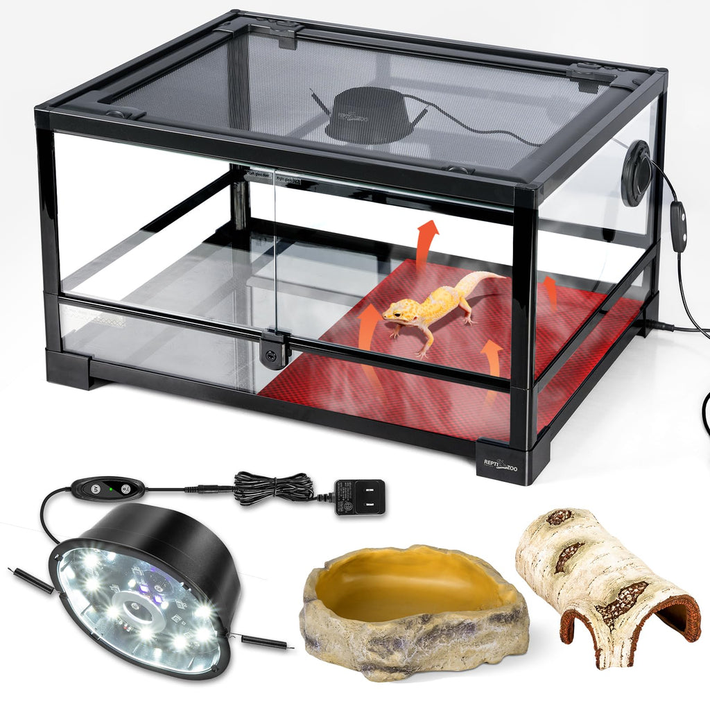 20 Gallon Reptile Terrarium Starter Kit with Heating System Thermostat UVB Light Hide Cave Feeding Dish C69496