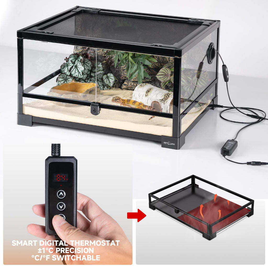 20 Gallon Reptile Terrarium Starter Kit with Heating System Thermostat UVB Light Hide Cave Feeding Dish C69496
