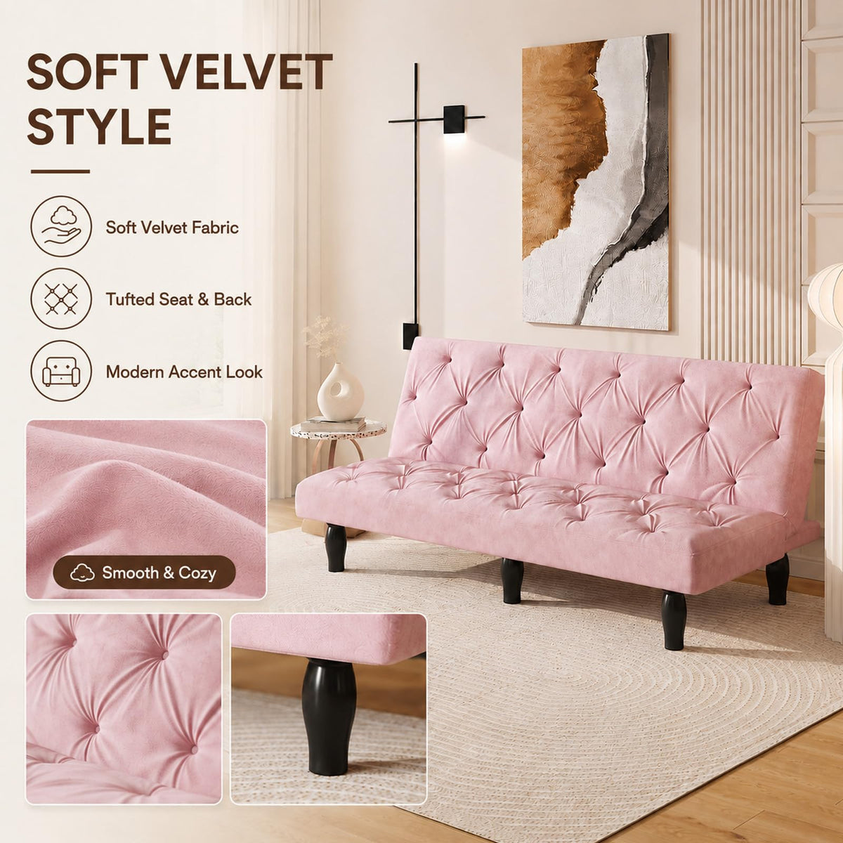 Pink Velvet Futon Sofa Bed E8749