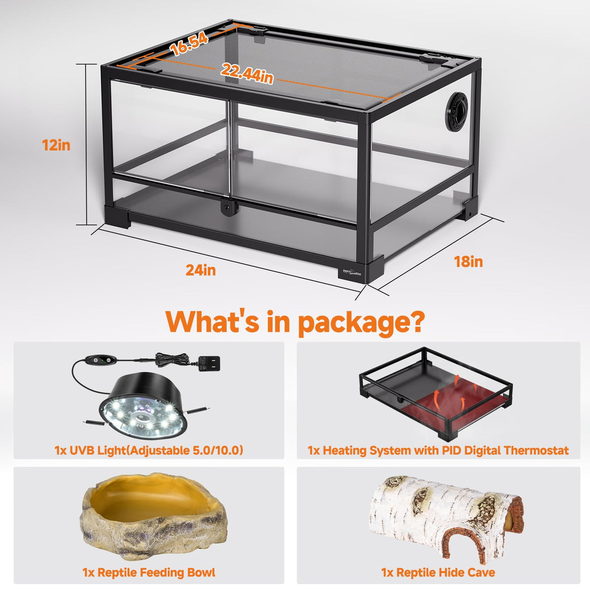 20 Gallon Reptile Terrarium Starter Kit with Heating System Thermostat UVB Light Hide Cave Feeding Dish C69496