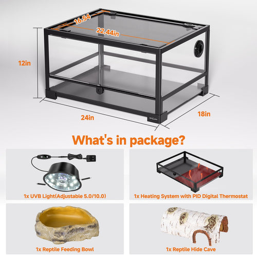 20 Gallon Reptile Terrarium Starter Kit with Heating System Thermostat UVB Light Hide Cave Feeding Dish C69496
