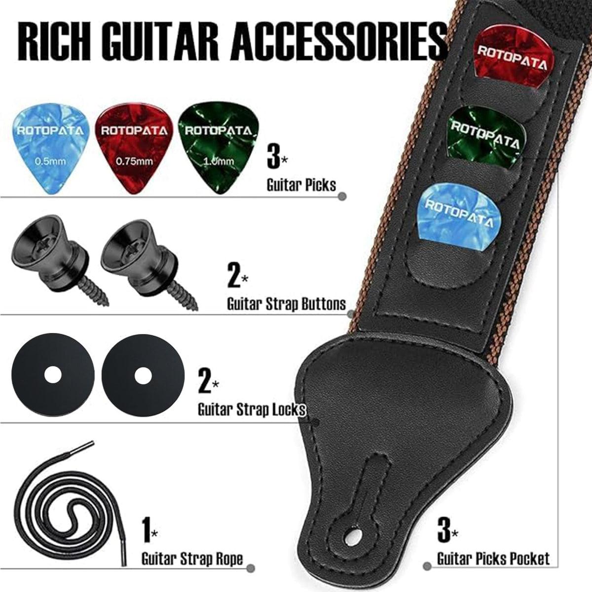 Black Adjustable Guitar Strap Kit with Locks and Picks Z932065