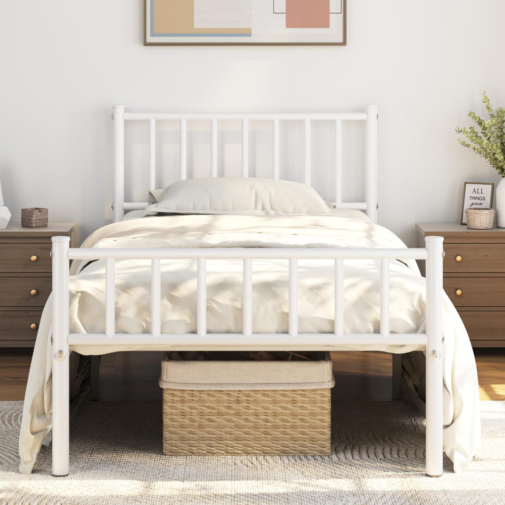 Twin Size White Metal Platform Bed Frame with Spindle Headboard N44388