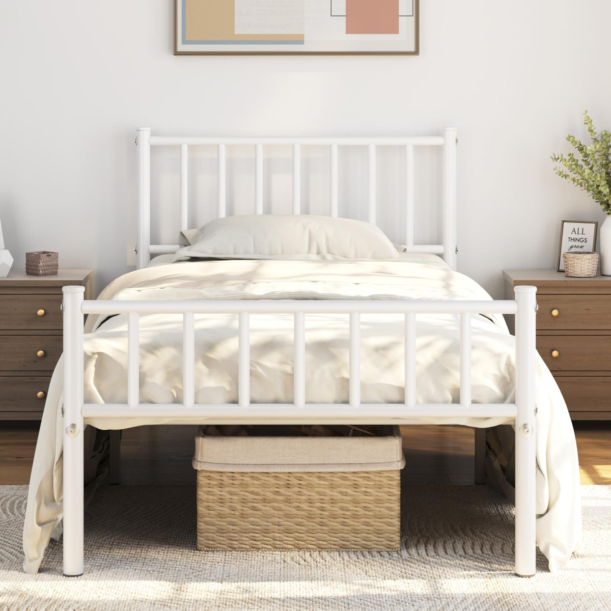 Twin Size White Metal Platform Bed Frame with Spindle Headboard N44388
