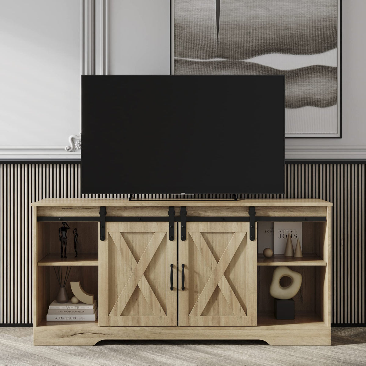 Sliding Barn Door Wood TV Stand with Adjustable Shelves I91686