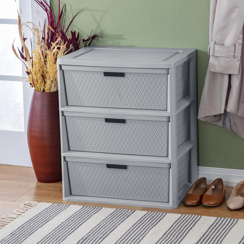 Wide 3-Drawer Plastic Storage Tower with Removable Bins, Gray B9369