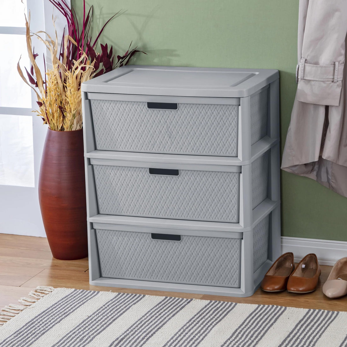 Wide 3-Drawer Plastic Storage Tower with Removable Bins, Gray B9369