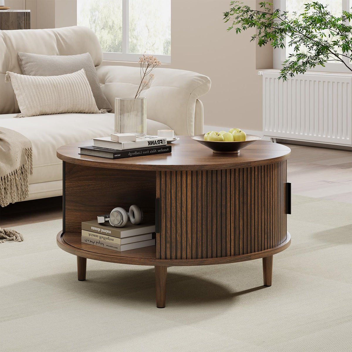 Round Coffee Table with Storage, 31.5", Walnut O9519