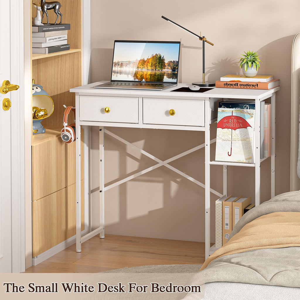 White 36 Inch Computer Desk with Drawers and Storage Shelves V4212
