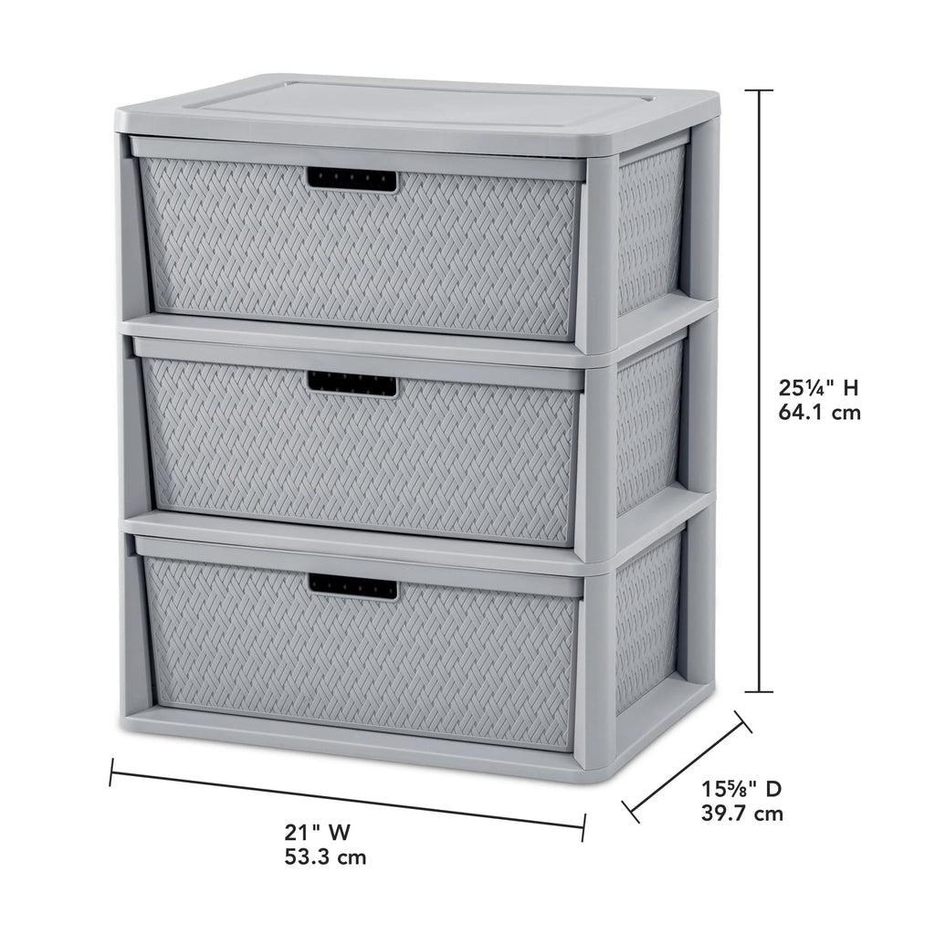 Wide 3-Drawer Plastic Storage Tower with Removable Bins, Gray B9369