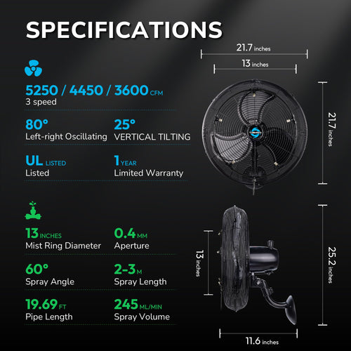 20 Inch Outdoor Wall Mount Fan with Misting Ring S5003