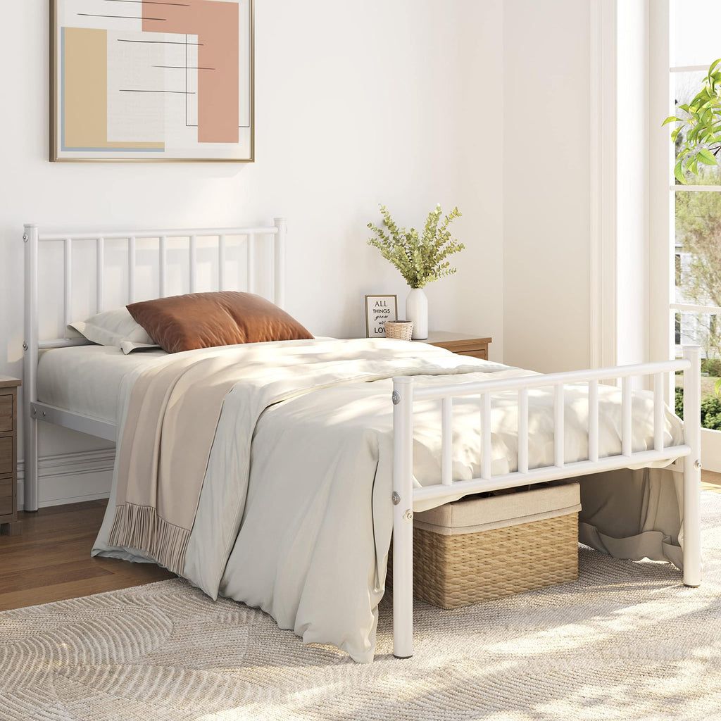 Twin Size White Metal Platform Bed Frame with Spindle Headboard N44388
