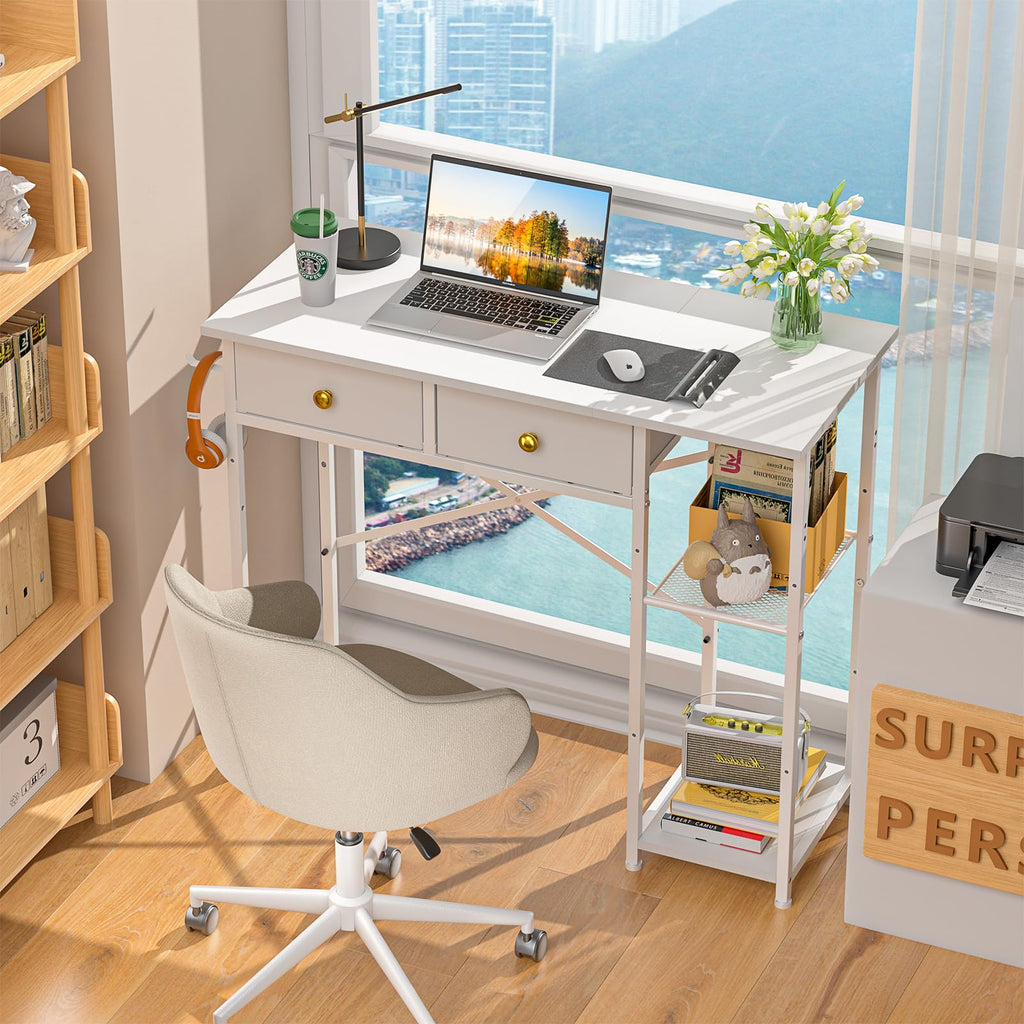 White 36 Inch Computer Desk with Drawers and Storage Shelves V4212
