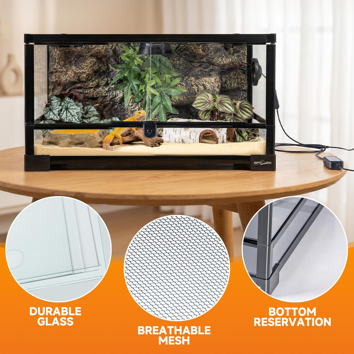 20 Gallon Reptile Terrarium Starter Kit with Heating System Thermostat UVB Light Hide Cave Feeding Dish C69496