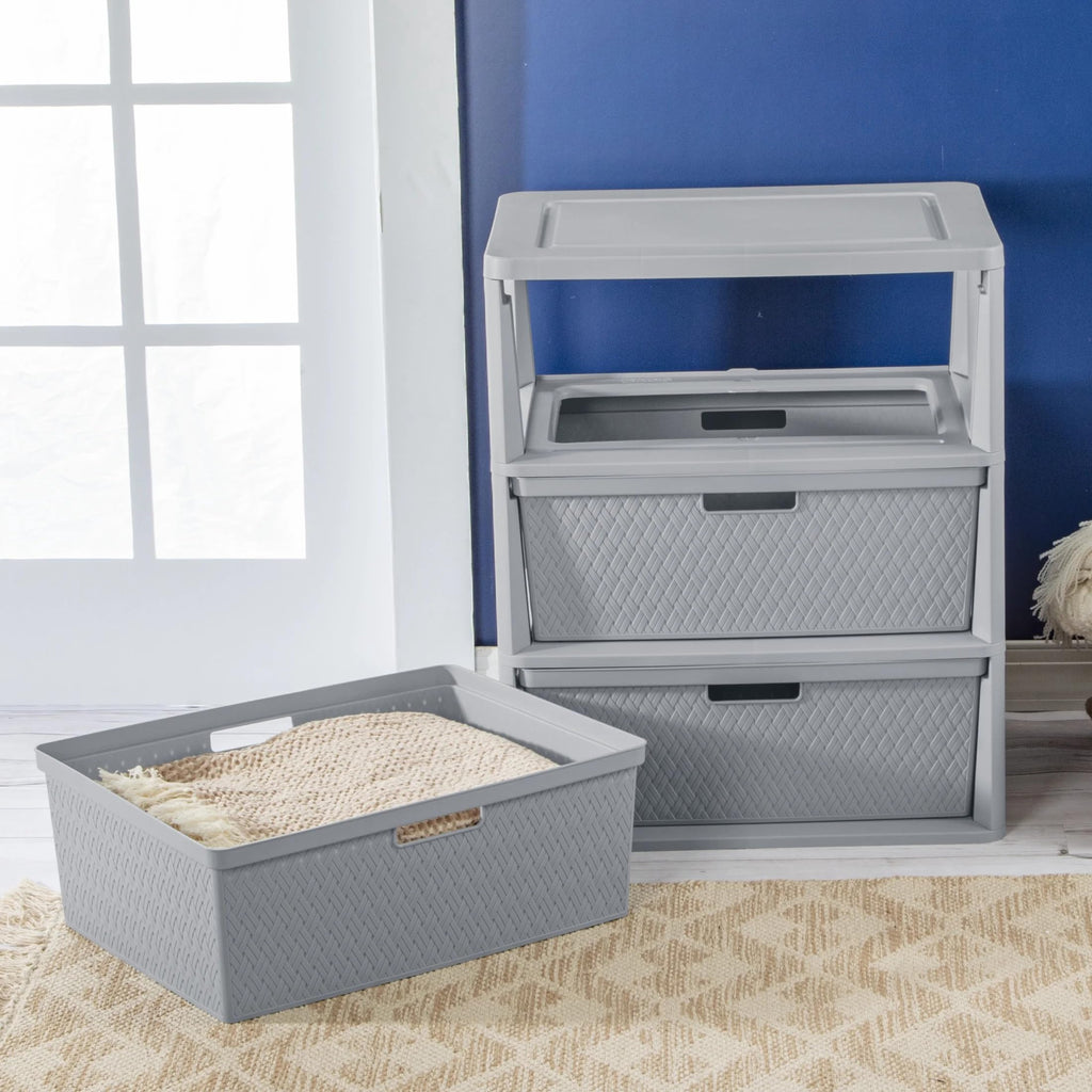Wide 3-Drawer Plastic Storage Tower with Removable Bins, Gray B9369